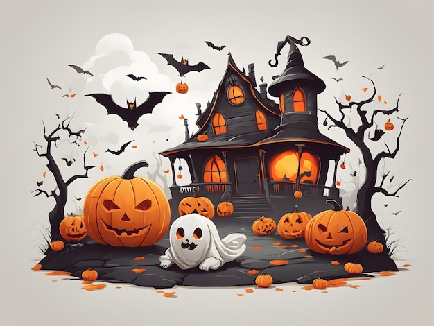 Flat illustration of a Halloween scene with pumpkins and a ghost