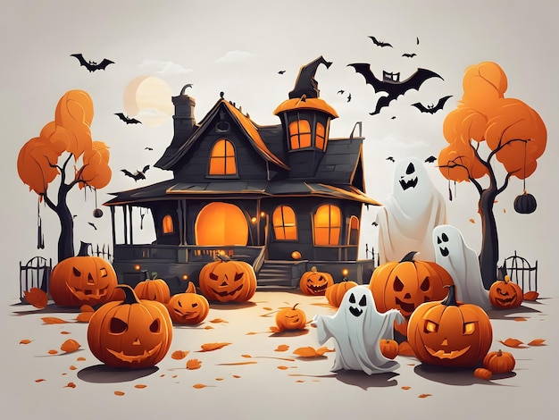 Flat illustration of a Halloween scene with pumpkins and a ghost