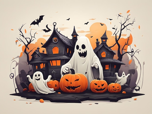 Flat illustration of a Halloween scene with pumpkins and a ghost