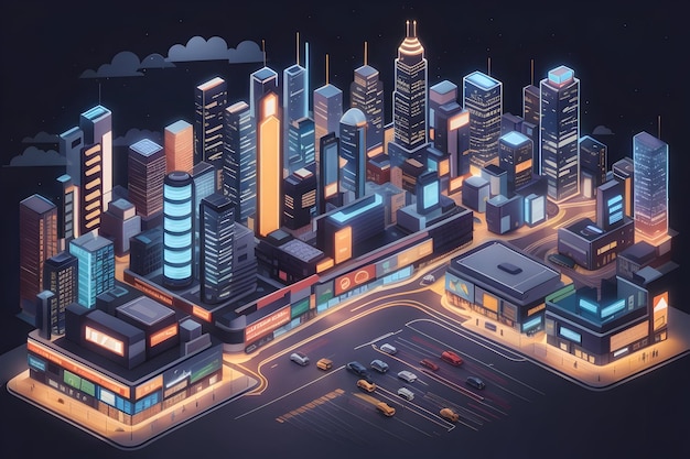 Flat illustration isometric style city night view