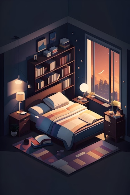 Flat illustration isometric style dark bedroom