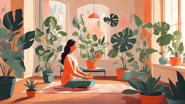 A flat illustration of a lady meditating