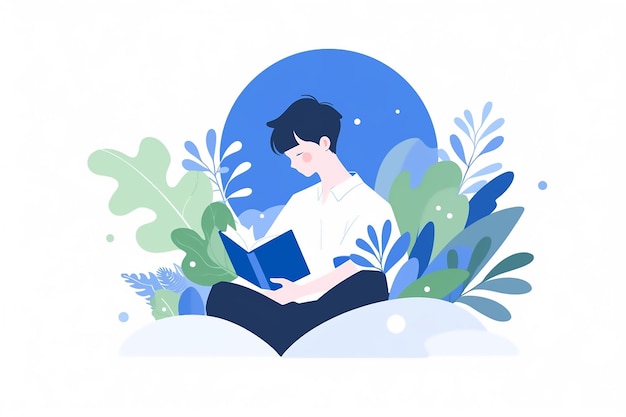 Photo flat illustration of a man reading a book