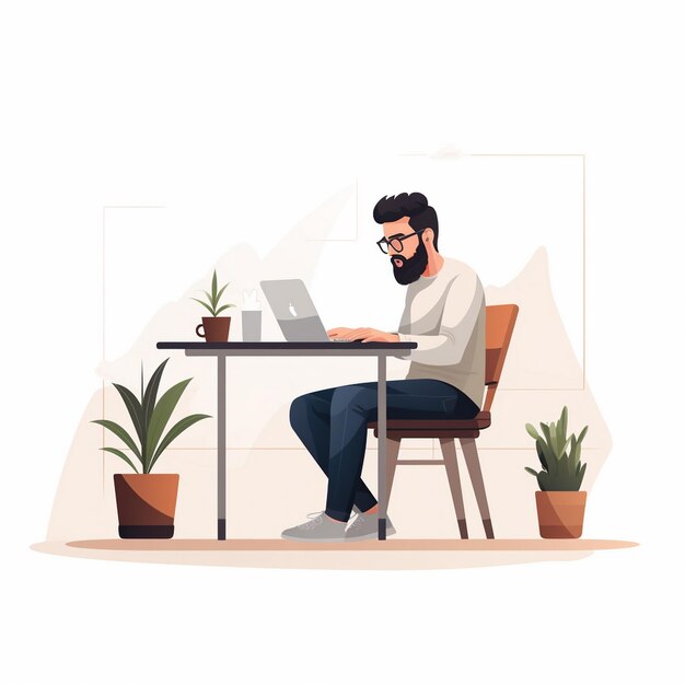 Flat illustration of a man using a laptop