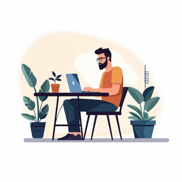 Flat illustration of a man using a laptop