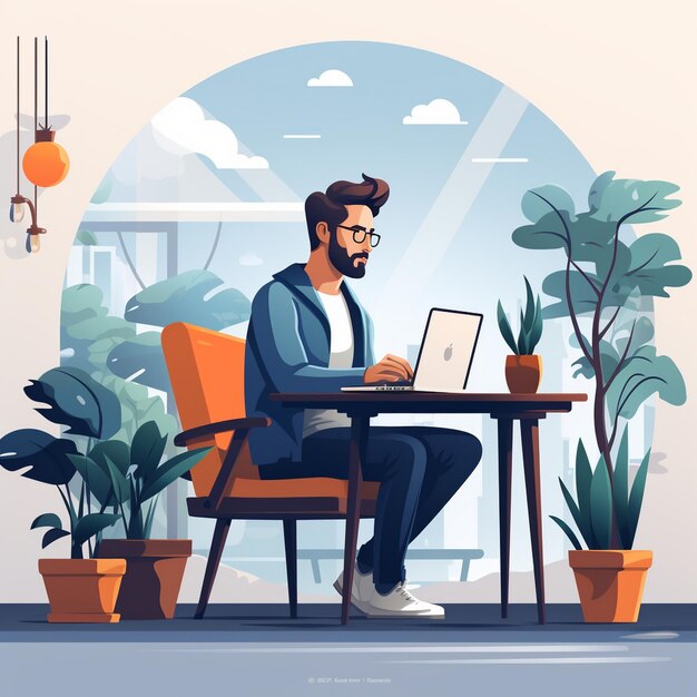 Flat illustration of a man using a laptop