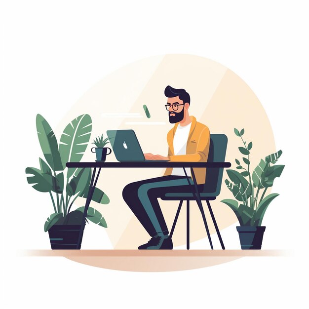 Flat illustration of a man using a laptop