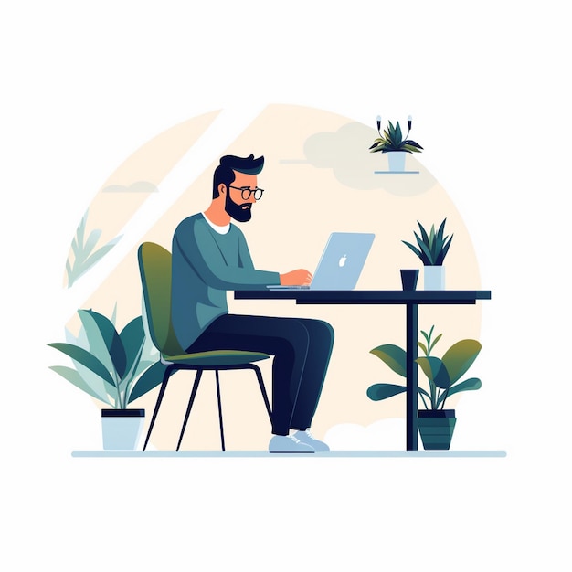 Flat illustration of a man using a laptop