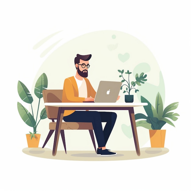 Flat illustration of a man using a laptop