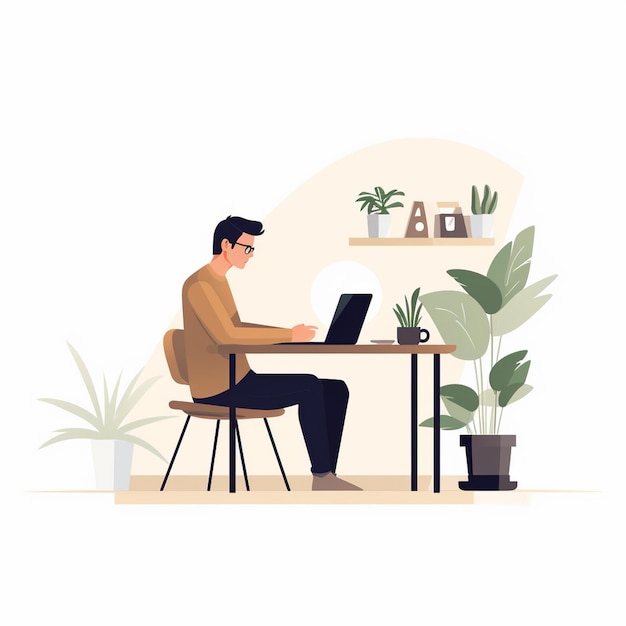 Flat illustration of a man using a laptop