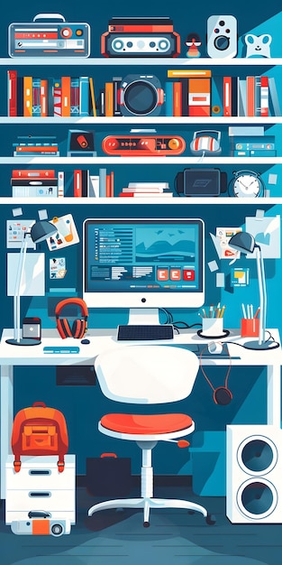 Photo flat illustration of a modern home office with a computer desk and bookshelf