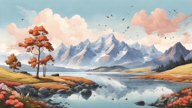 flat illustration Mountain landscape lake in the highlands Mountain tree birds