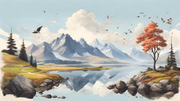 flat illustration Mountain landscape lake in the highlands Mountain tree birds