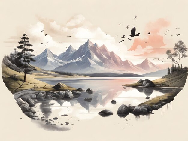 flat illustration Mountain landscape lake in the highlands Mountain tree birds