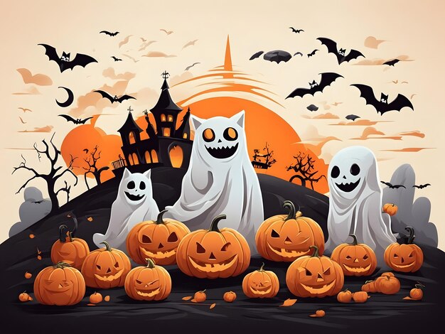 Flat illustration of an Outstanding Halloween scene with pumpkins and a ghost