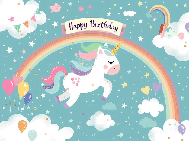 flat illustration of pastel rainbow white clouds and cute unicorn flying in the sky with text Happy Birthday