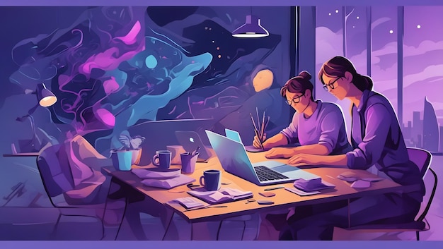 Flat illustration of people working on a laptop with painting and writing tools