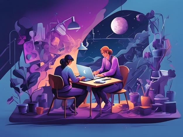 Flat illustration of people working on a laptop with painting and writing tools