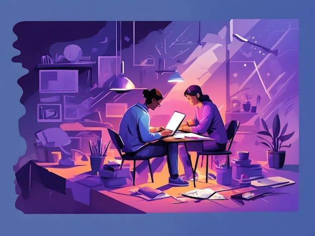 Flat illustration of people working on a laptop with painting and writing tools