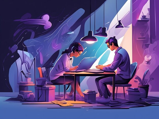 Flat illustration of people working on a laptop with painting and writing tools