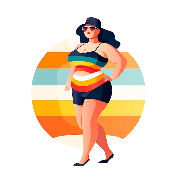 flat illustration of a plus size girl on a summer vacation in a swimsuit Lifestyle modern style