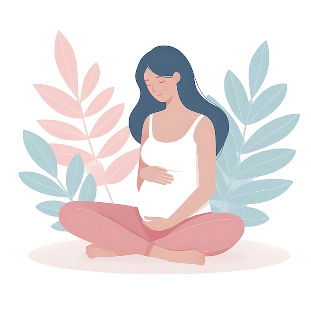 Flat Illustration of a Pregnant Woman Standing with Leaves on White Background