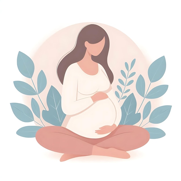 Photo flat illustration of a pregnant woman standing with leaves on white background