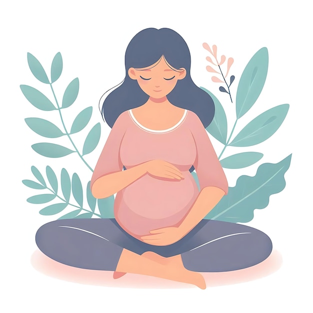 Photo flat illustration of a pregnant woman standing with leaves on white background