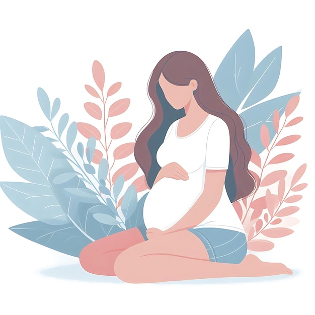 Flat Illustration of a Pregnant Woman Standing with Leaves on White Background