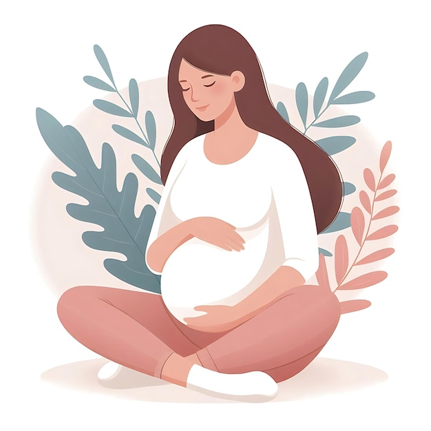 Photo flat illustration of a pregnant woman standing with leaves on white background