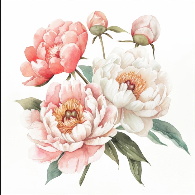 Photo flat illustration of soft watercolor peony cluster with soft pink and white flowers and green buds