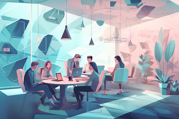 Flat illustration of a team brainstorming at a coworking office in warm pastel colors