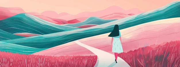 Photo flat illustration of a woman walking on a path in pastel pink and teal colors with a background of rolling hills ai generated illustration