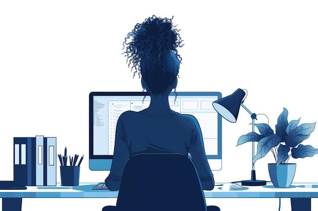 Flat illustration of a woman with a very straight back sitting at a computer in the office white and deep blue gradient isolate on white ar 32 stylize 250 Job ID 3d364d367f624649aeb2e83142275f7a