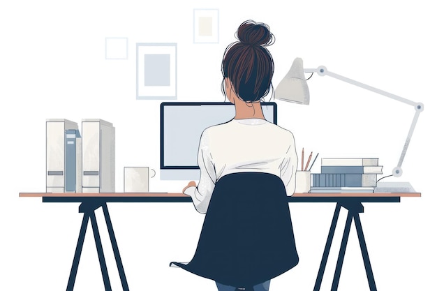 Flat illustration of a woman with a very straight back sitting at a computer in the office white and deep blue gradient isolate on white ar 32 stylize 250 Job ID 93fdd5d4a2bb41f8807cb15bbabe0bbf