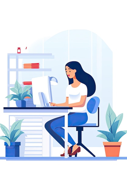 Flat illustration of a woman working at a computer isolated on a white background