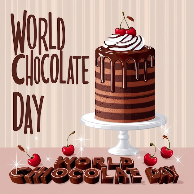 Photo flat illustration for world chocolate day featuring a chocolate cake