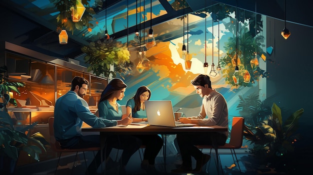 Flat illustration of young professionals brainstorming in a shared workspace