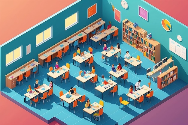 Flat isometric school or college classroom interior cells vector illustration 3d isometry education concept