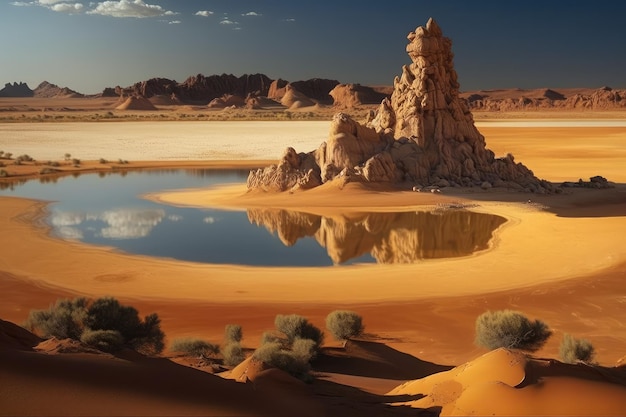 Flat landscape of sand dunes and rock formations around lake in the desert