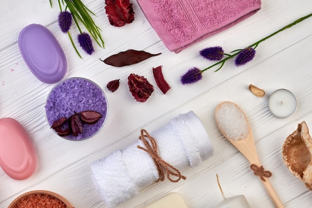 Flat lay accessories for beauty and healthcare. White desk background.