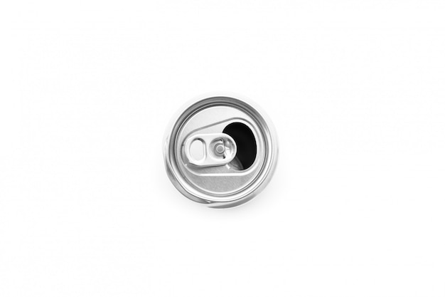 Flat lay of aluminum can opened on white background