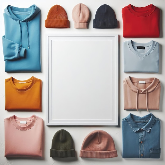 flat lay of apparel isolated hoodie and beanie hat tshirt for commercial use