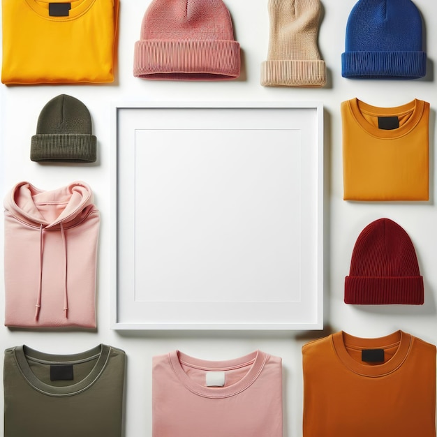 flat lay of apparel isolated hoodie and beanie hat tshirt for commercial use