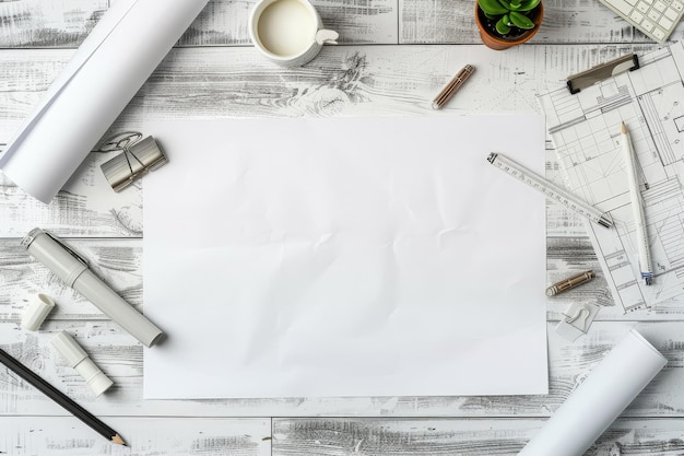 Photo flat lay of architect desk with paper sheet