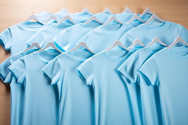 Flat lay arrangement of light blue T shirts in various sizes