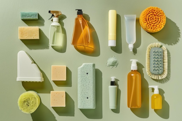 Flat lay arrangement with products for cleaning