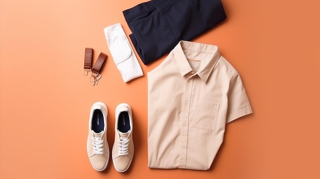 Flat lay on background top view of men's clothing