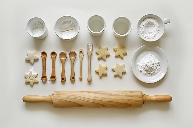 Flat lay of baking ingredients and utensils featuring flour sugar cookies a rolling pin and measuring spoons