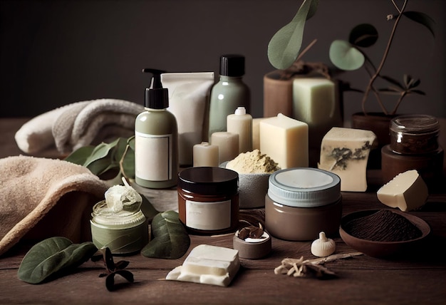 Flat lay beauty skin care ingredients accessories Natural beauty products on a dark background AI Generated